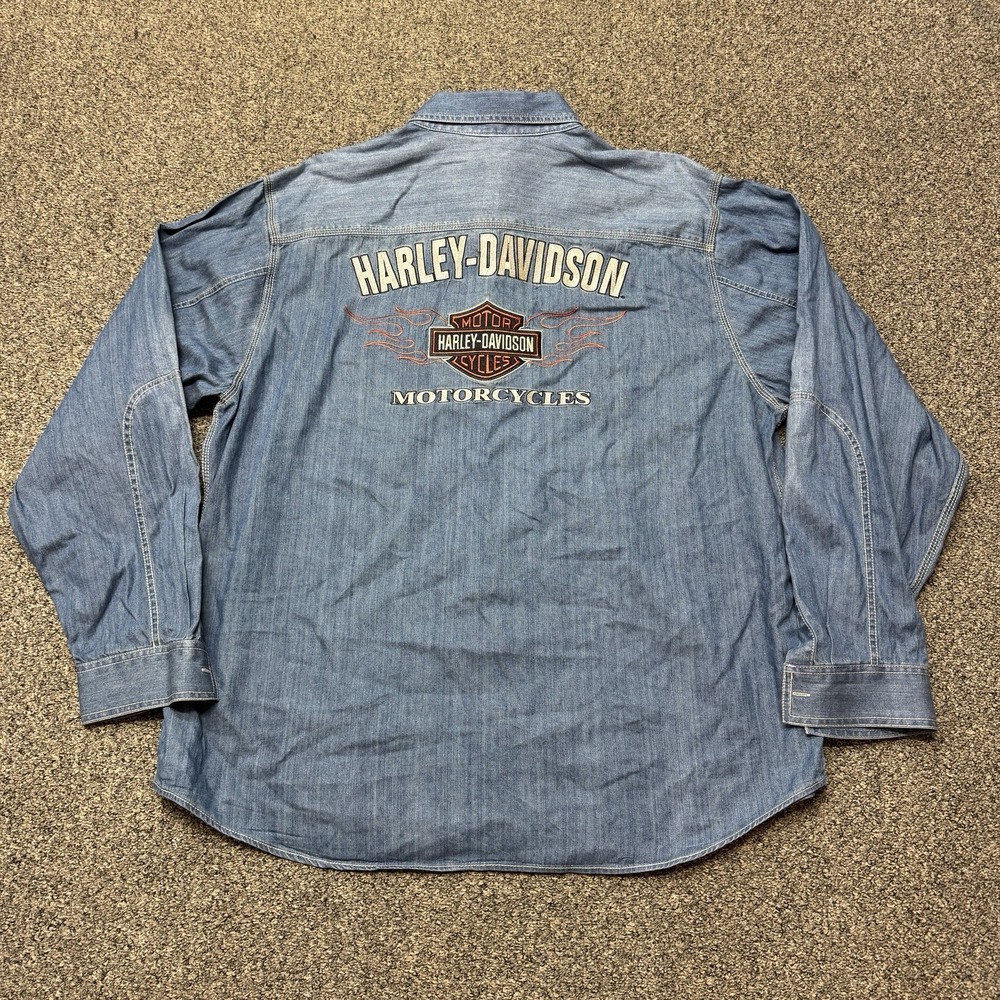 Harley Davidson Shirt Men's 2XL Blue Denim Embroidered Biker Flames